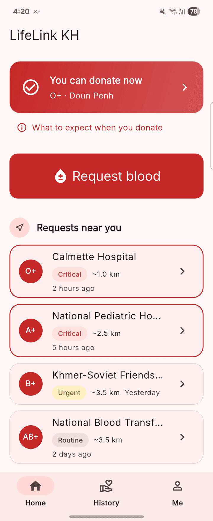 LifeLink Android Home screen with donation eligibility, the request blood button, and nearby blood requests.
